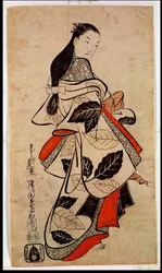 Courtisane debout, pub. 1710, (taille kakemono-e, impression sur bois colorée à la main)